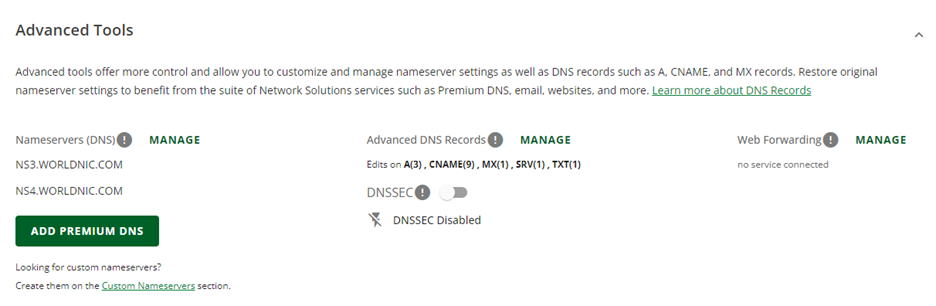 Change Nameservers at NetworkSolutions 2 Image of Advanced Tools in Account Manager