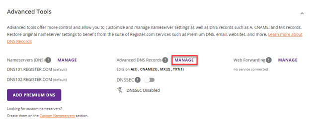 Red box around Manage link next to Advanced DNS Records