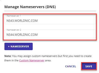 Fields to edit current Nameservers and Save button