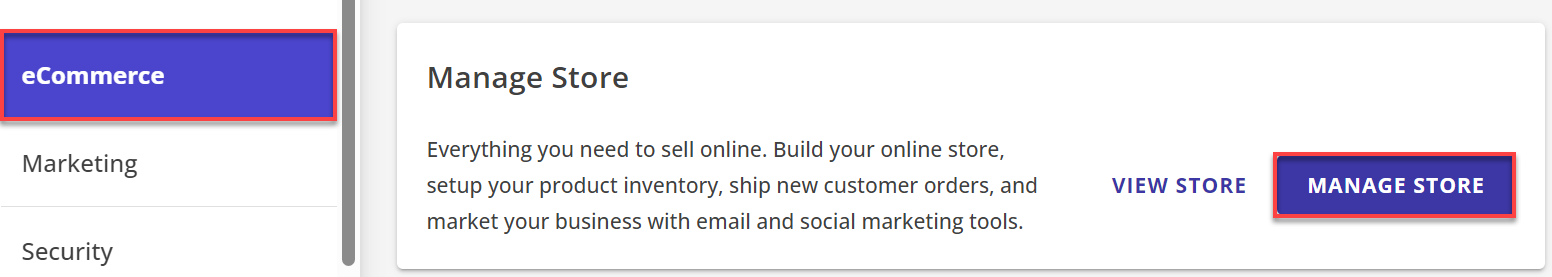 eCommerce option on left menu and Manage Store button on right portion of page