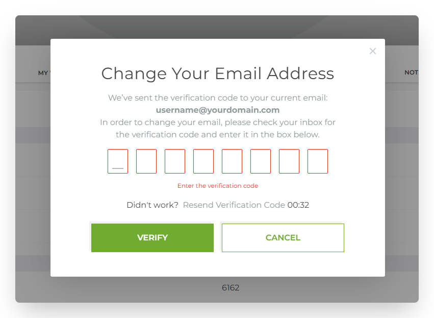 Screenshot of CD Account Manager Change Email Enter Code