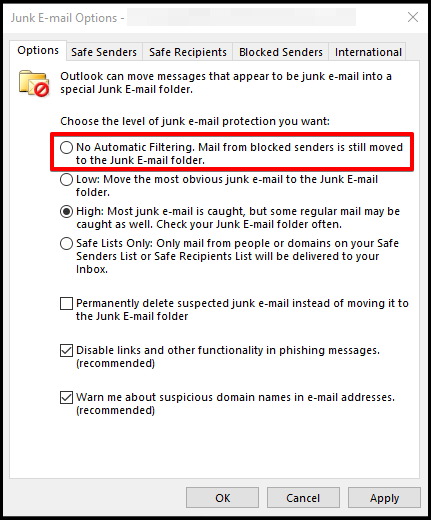 Screenshot of CD Email Exchange Outlook No Automatic Filtering Option
