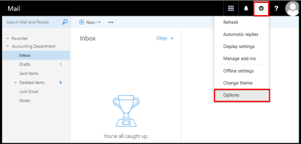 Screenshot of CD Email Exchange Outlook Options Button Under Settings or Gear Icon