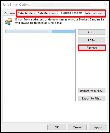 Screenshot of CD Email Exchange Outlook Junk Email Options Tabs