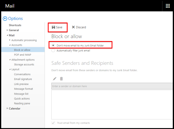 Screenshot of CD Email Exchange Outlook Block or Allow Page Save Button