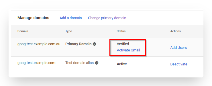 Screenshot of CD Activate Gmail Button in Google Admin Console