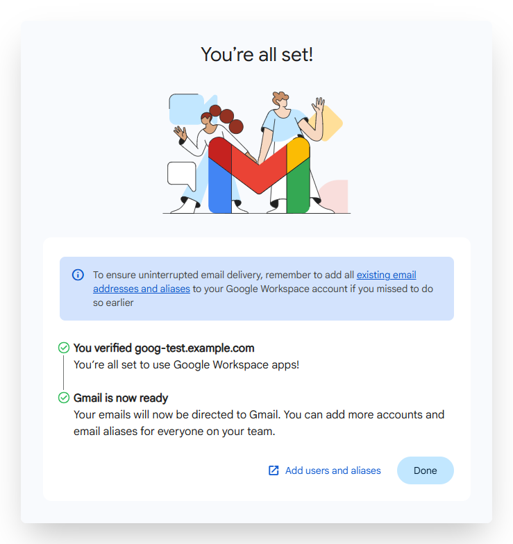 Screenshot of CD Gmail Activation Complete Prompt in Google Admin Console