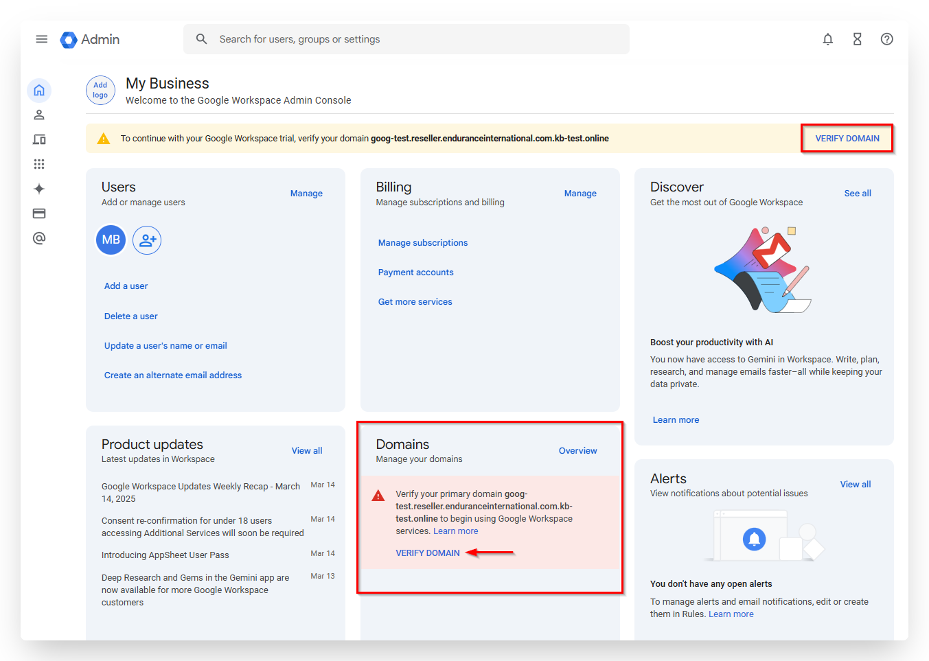 Screenshot of CD Google Workspace Admin Verify Domain Banner