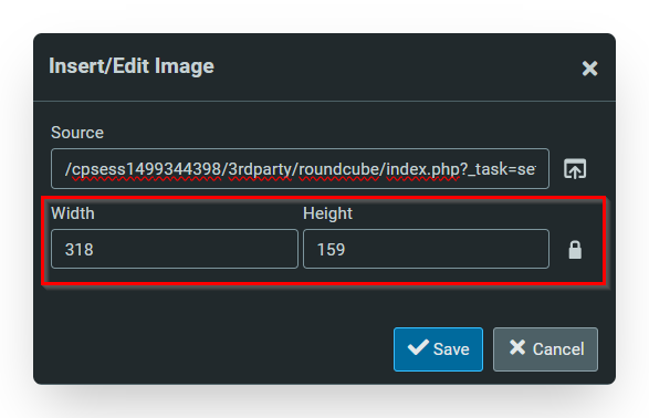 Screenshot of CD Webmail Email Signature Edit Width Height Screen