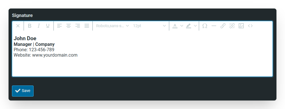 Screenshot of CD Text-Based Email Signature in Webmail