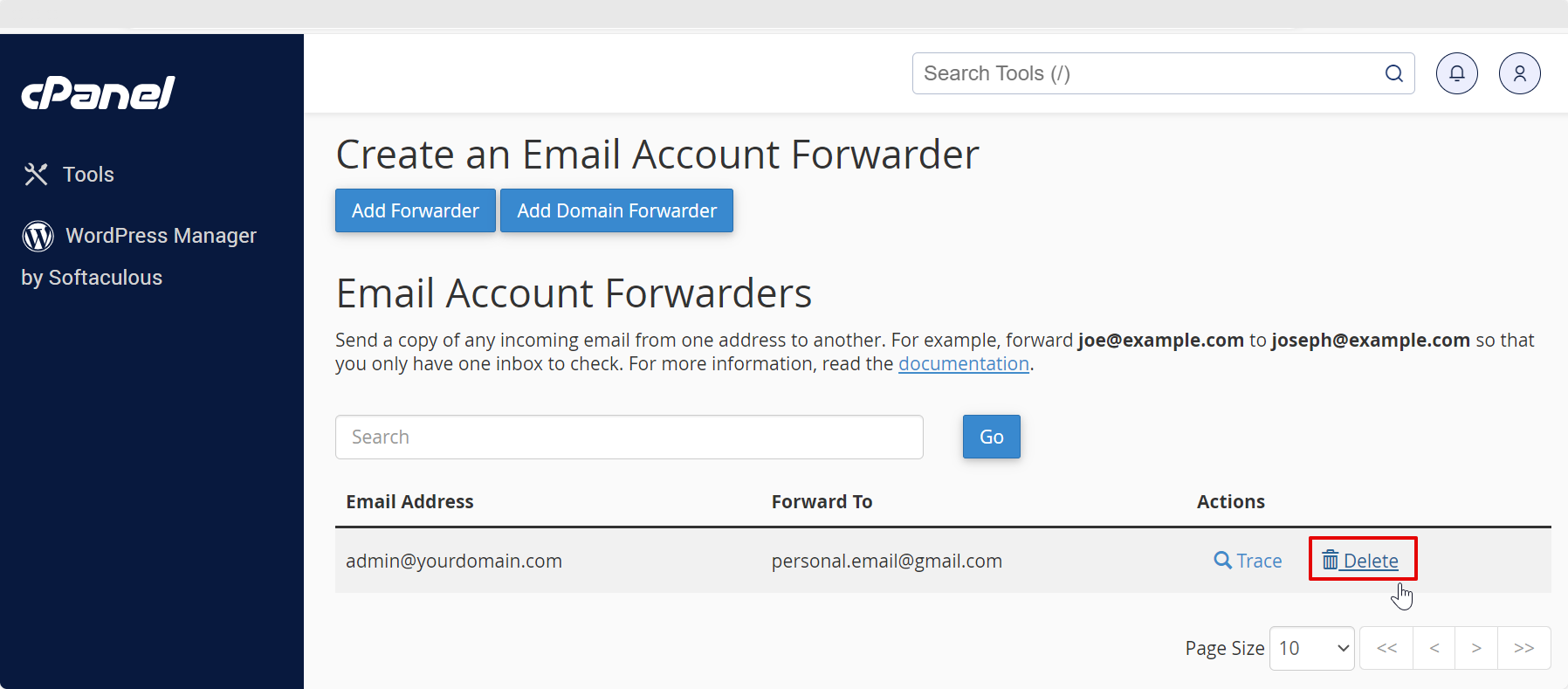 Screenshot of CD Email Exchange Delete Icon for Email Forwarders in cPanel