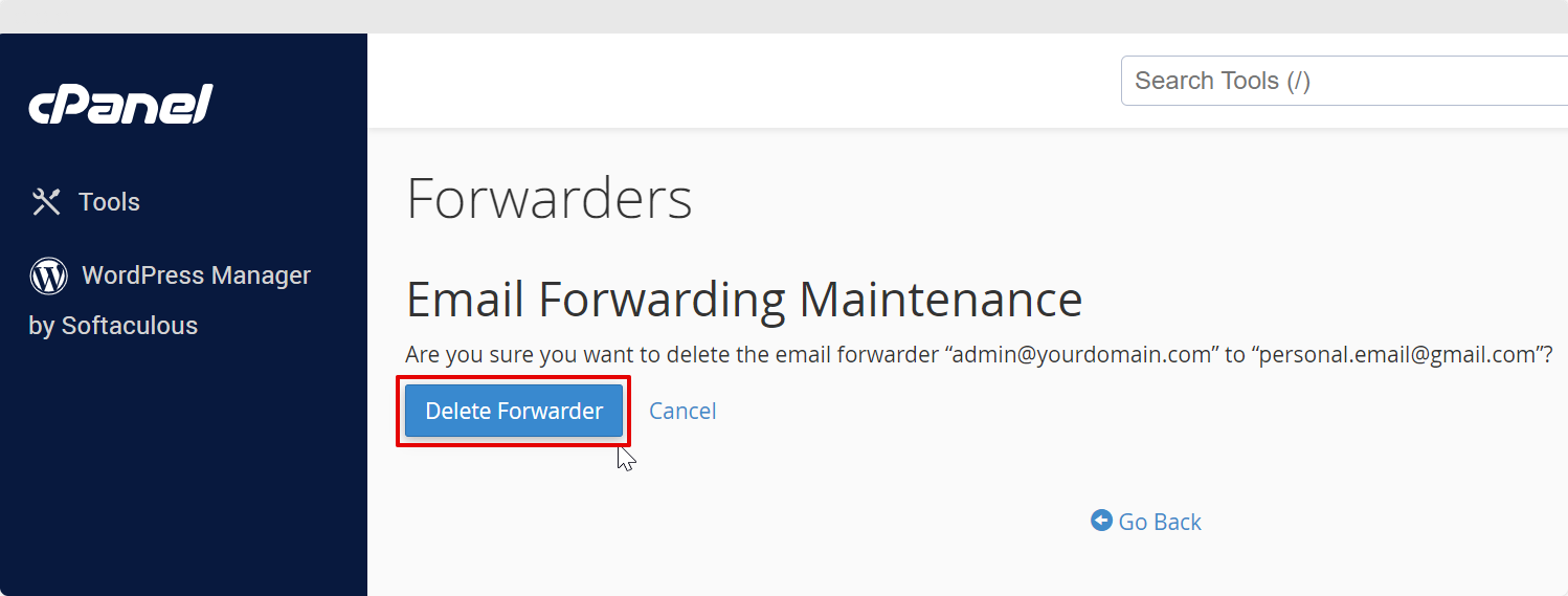 Screenshot of CD Email Exchange Delete Forwarder Confirm Button in cPanel