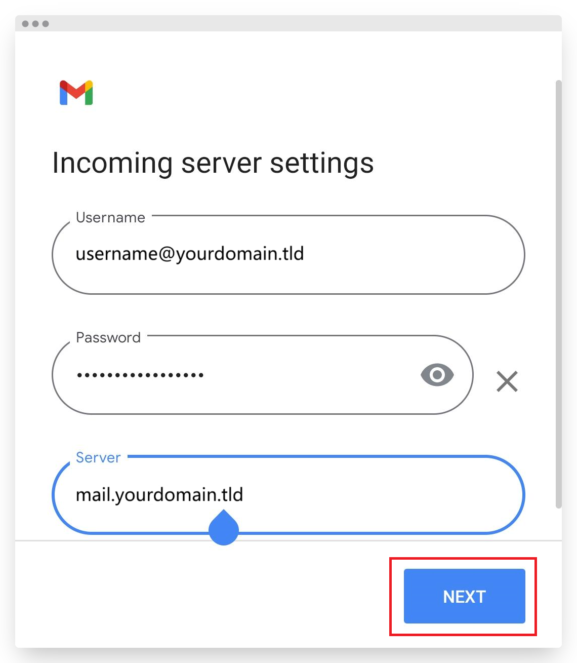 Screenshot of CD Email Hosting Android Gmail Incoming Server Settings