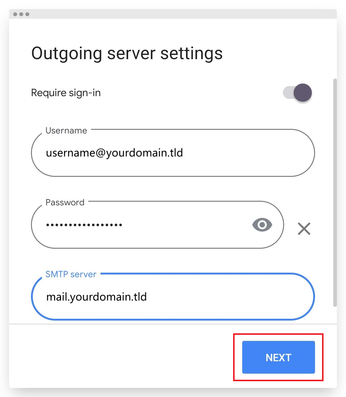 Screenshot of CD Email Hosting Android Gmail Outgoing Server Settings