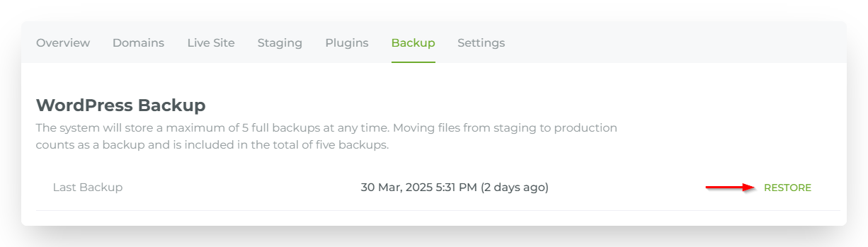 Screenshot of CD WordPress Hosting Restore Backup Button