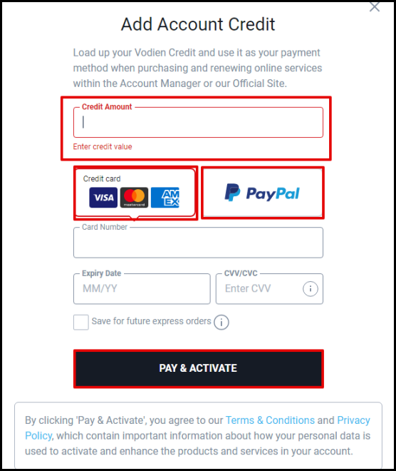 Screenshot of VD Account Manager Add Credit Window