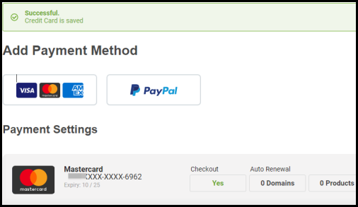 Screenshot of VD Account Manager Credit Card Successfully Added Prompt