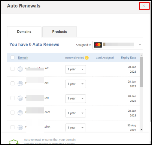 Screenshot of VD Account Manager Auto Renewal Screen Close Button
