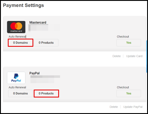 Screenshot of VD Account Manager Domains Product Payment Settings