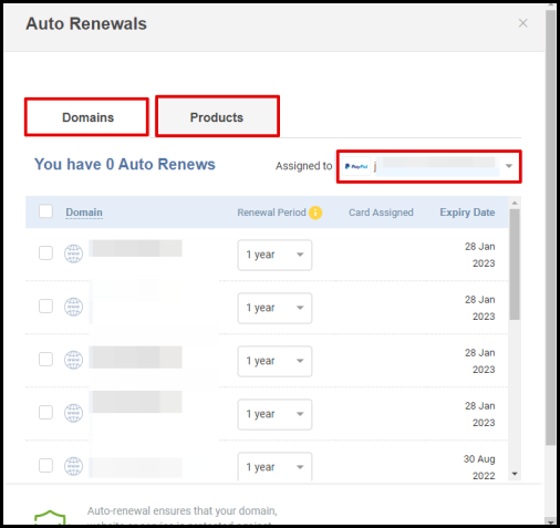 Screenshot of VD Account Manager Domains Product Tab Payment Settings