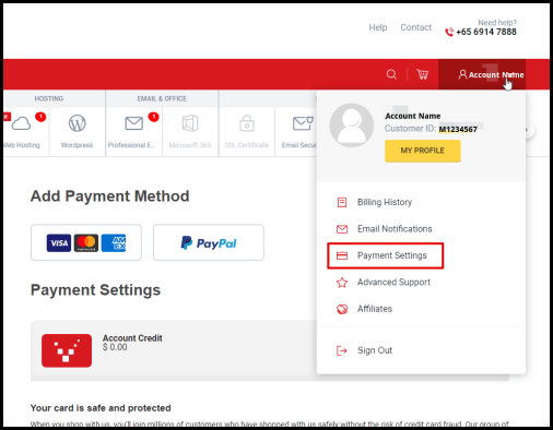 Screenshot of VD Account Manager Payment Settings Option