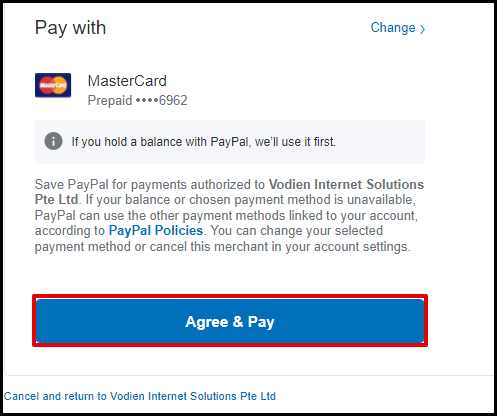 Screenshot of VD Account Manager Paypal Agree and Pay Button