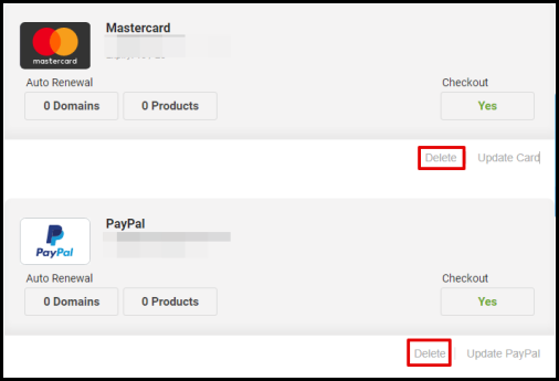 Screenshot of VD Account Delete Card or Paypal Option