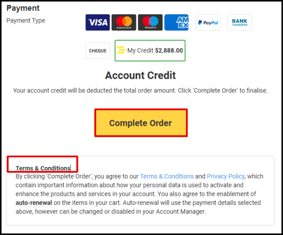 Screenshot of VD Account Manager Complete Order Page