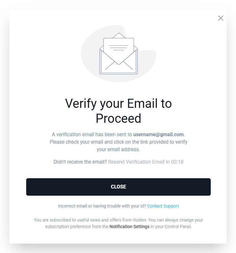 Screenshot of VD Verify Email Prompt After Signing Up