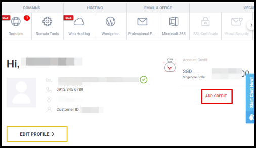 Screenshot of VD Account Manager Add Credit Button