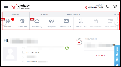 Screenshot of VD Account Manager Products Menu Bar