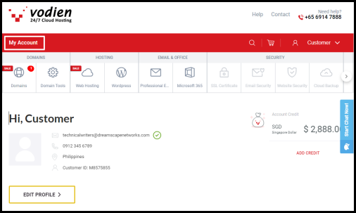 Screenshot of VD Account Manager My Account Button