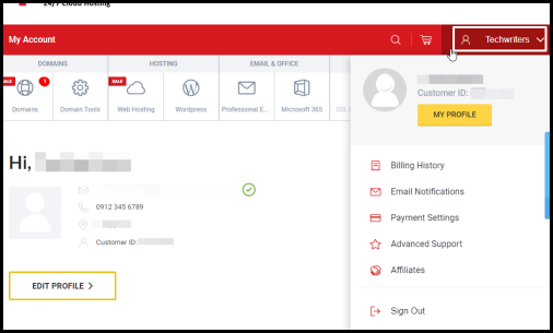 Screenshot of VD Account Manager My Account Profile Dropdown