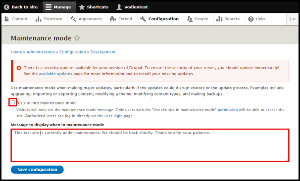 Screenshot of VD WordPress Drupal Maintenance Mode Message Box