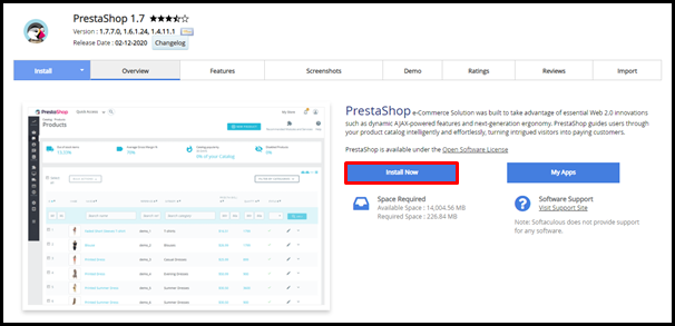 Screenshot of VD WordPress PrestaShop Install Now Button