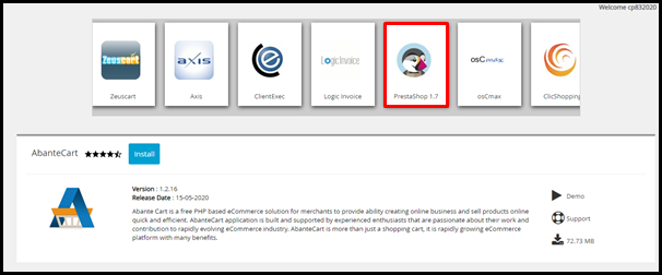 Screenshot of VD WordPress PrestaShop Icon in Softaculous