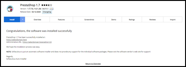 Screenshot of VD WordPress PrestaShop Successful Installation Prompt