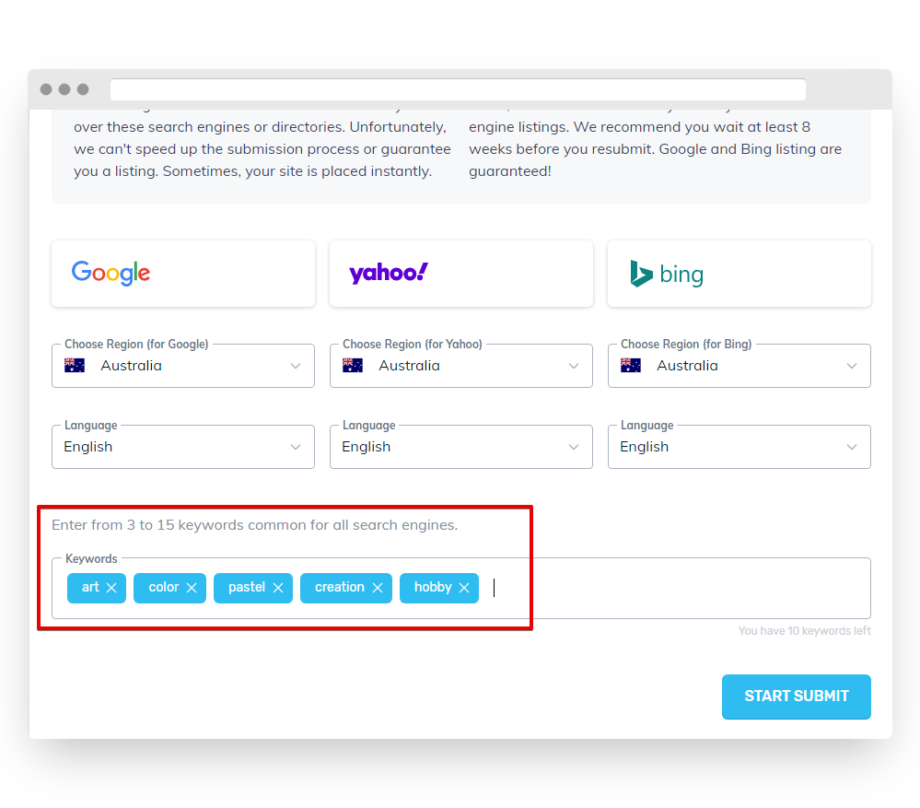 Enter Keywords to Submit to Search Engines