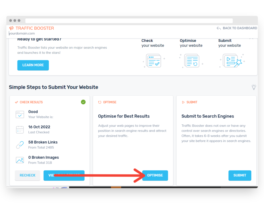 Optimise Button on Traffic Booster Tool