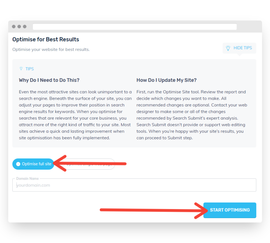 Start Full Site Optimising Button
