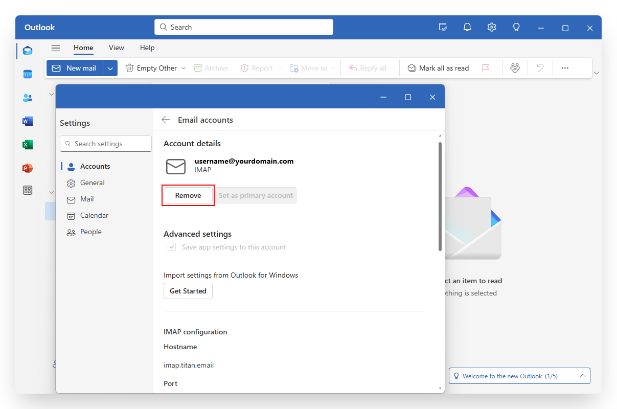 Screenshot of VD Titan Email New Outlook 365 Remove Account Button