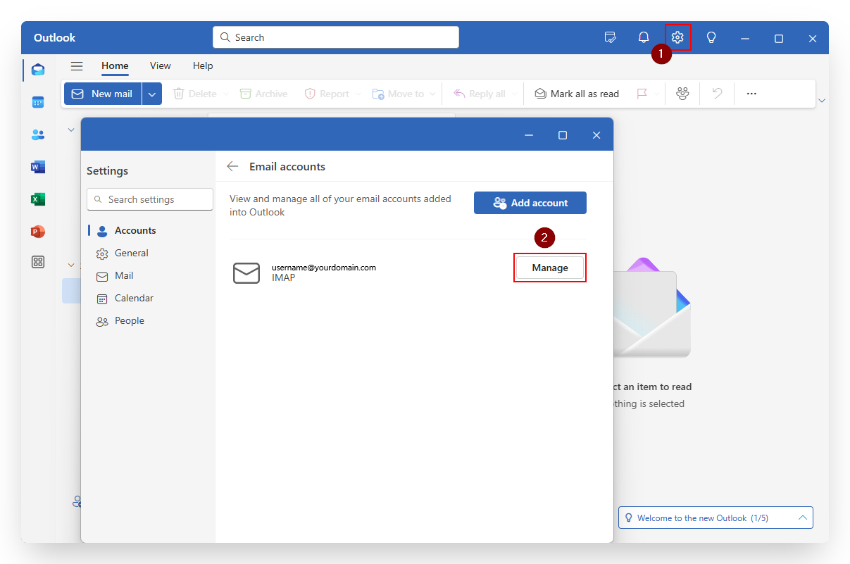 Screenshot of VD Titan Email New Outlook 365 Settings and Manage Button