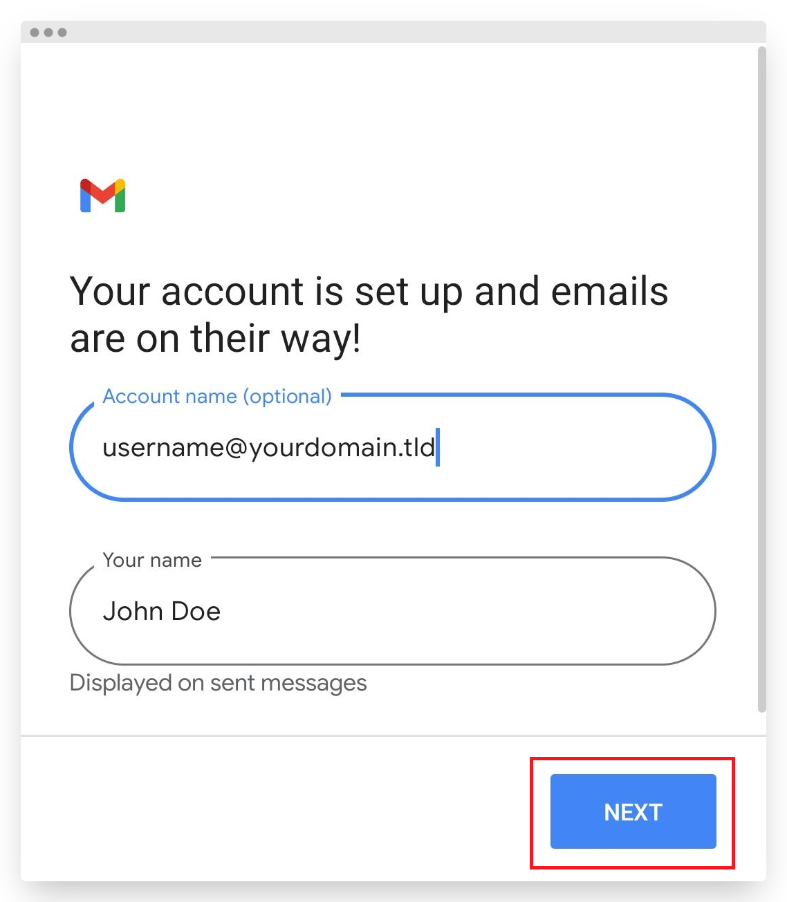 Screenshot of VD Titan Setup on Android Gmail Account Setup Complete