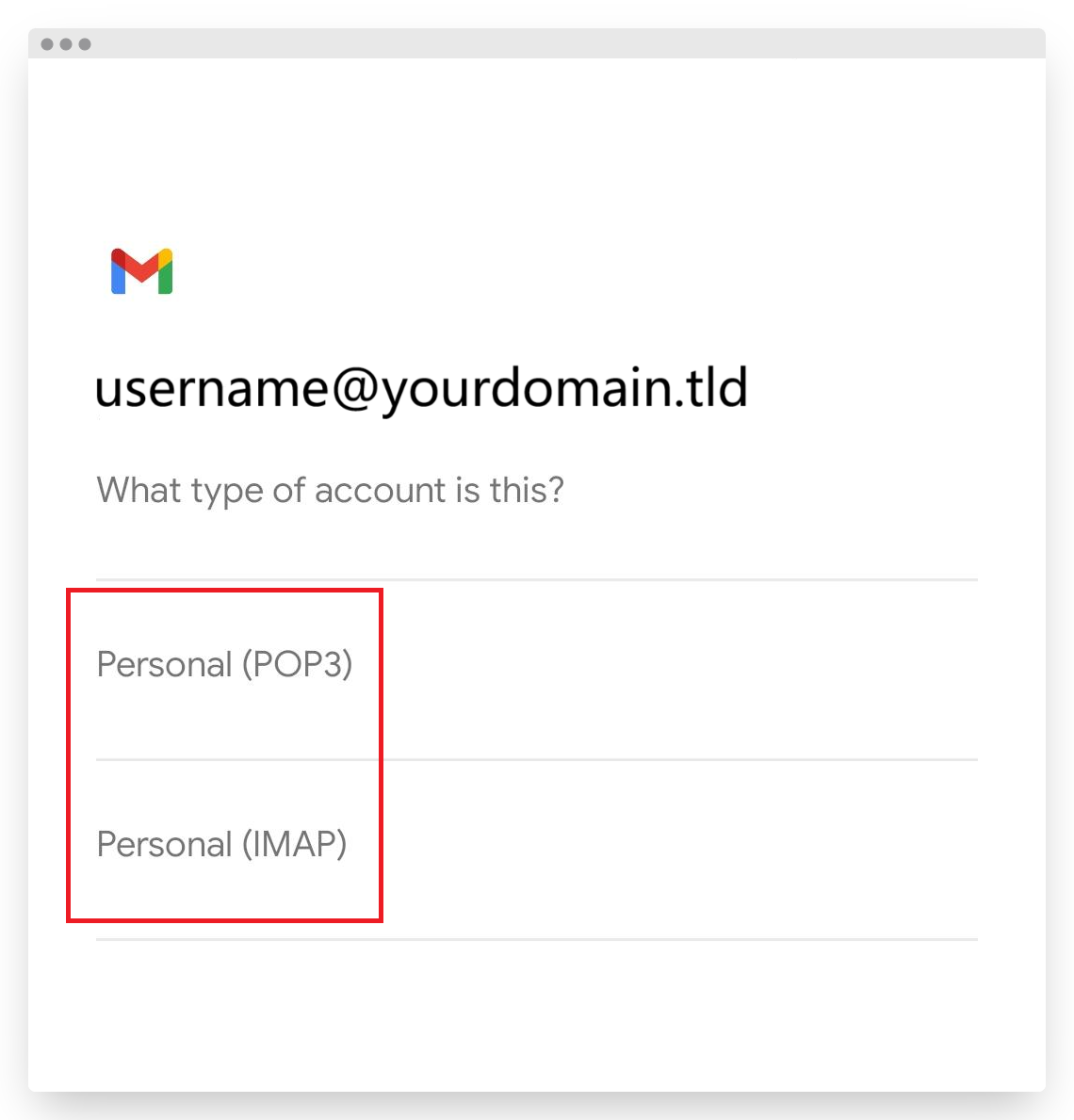 Screenshot of VD Titan Email Setup on Android Gmail Select POP or IMAP Settings
