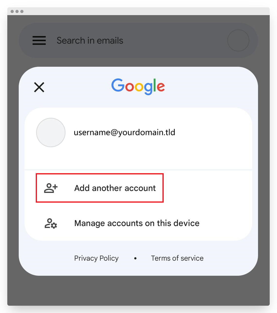 Screenshot of VD Titan Email Setup on Android Gmail Add Another Account Button