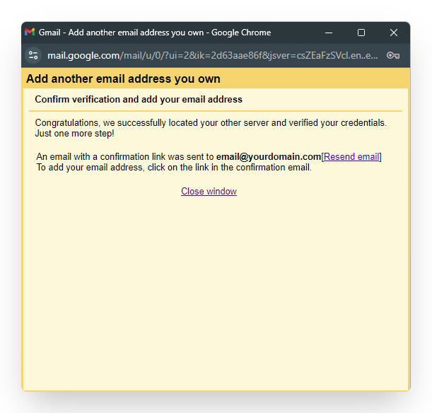 Screenshot of VD Titan Email Setup on Gmail Confirm Verification Screen