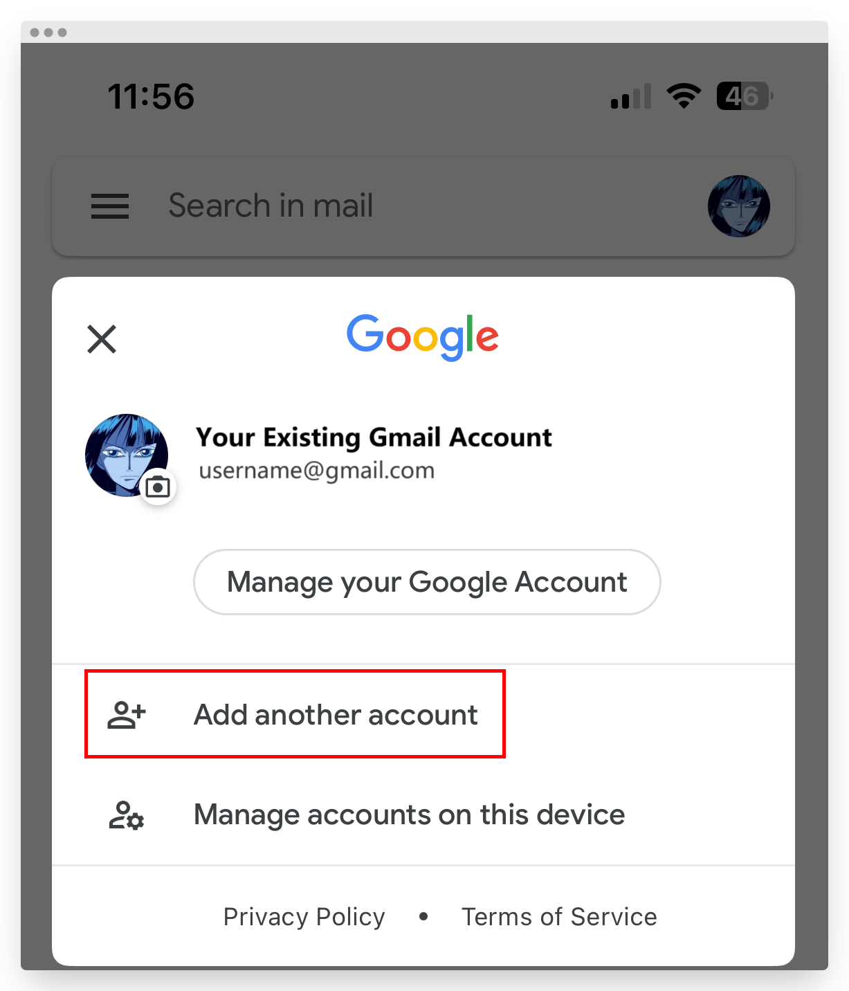Screenshot of VD Titan Add Another Account Button to Setup cPanel or Plesk Email on iPhone Gmail App