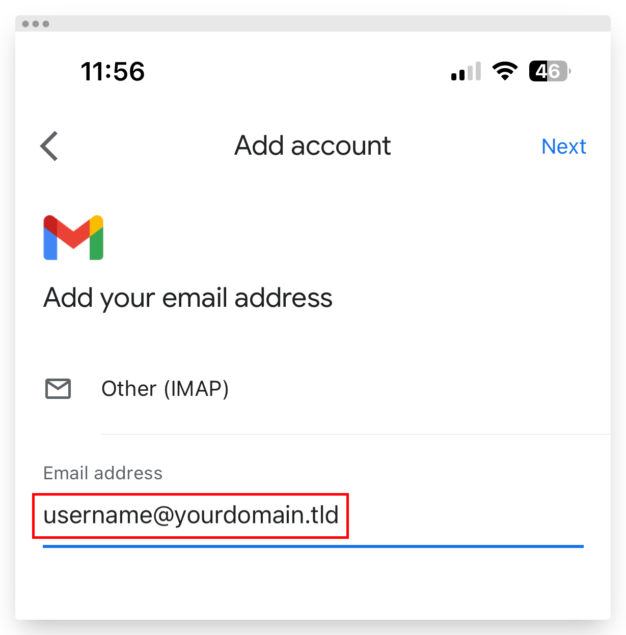 Screenshot of VD Titan Add Address cPanel or Plesk Email on iPhone Gmail App