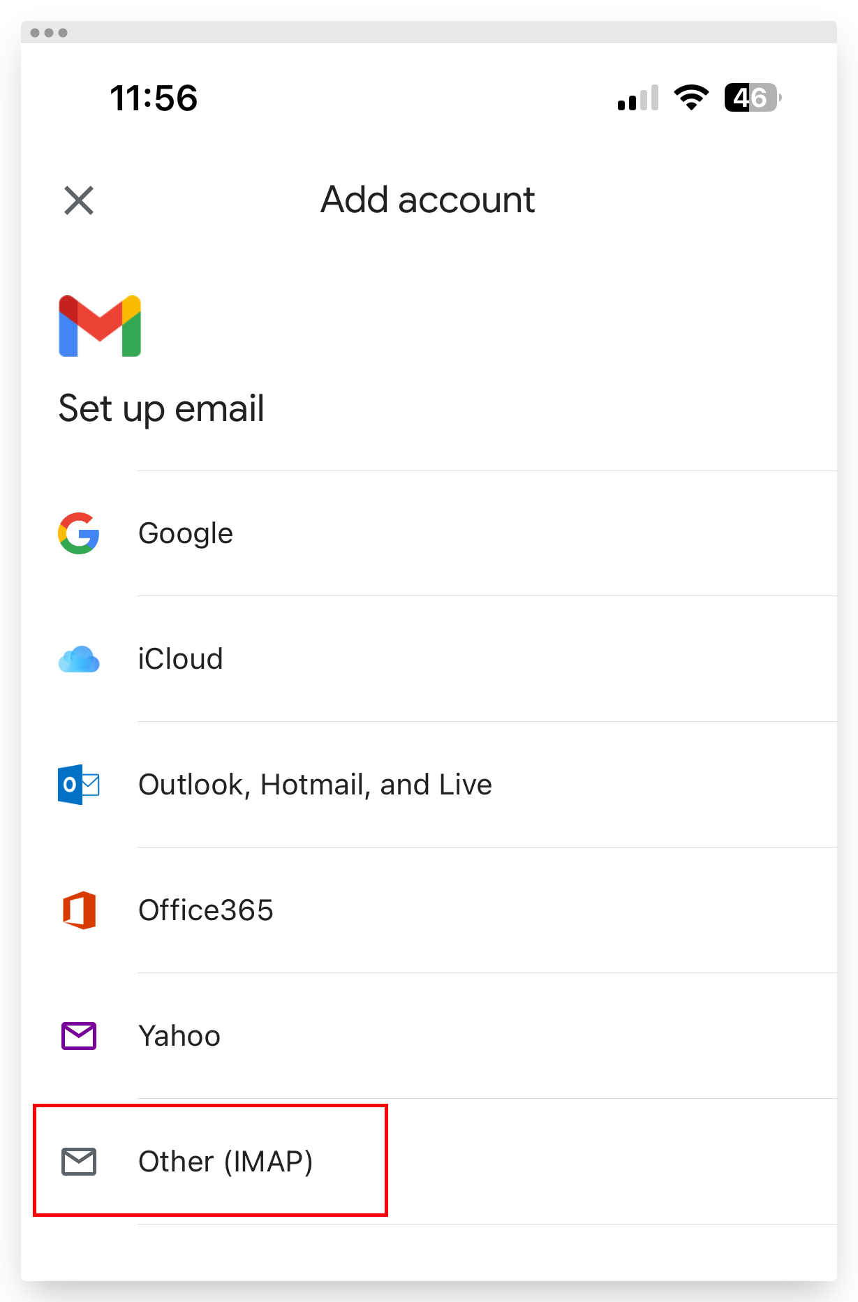 Screenshot of VD Titan IMAP Option to Setup cPanel or Plesk Email on iPhone Gmail App