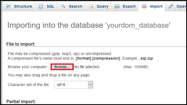 choose file import database via phpmyadmin
